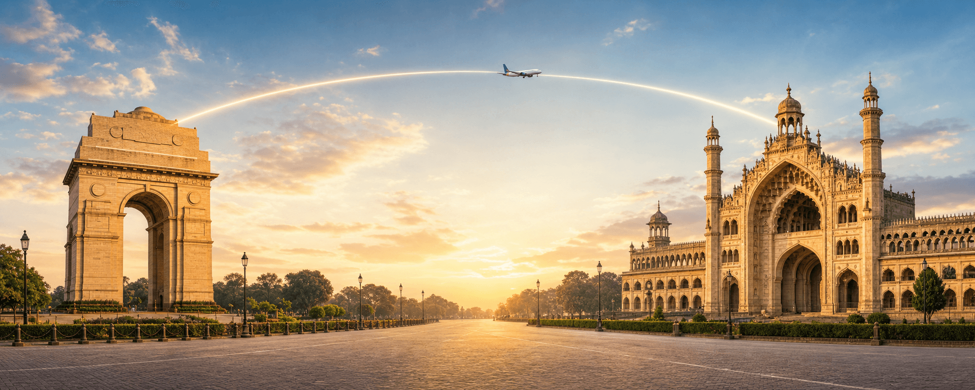 Delhi to Lucknow travel route hero with a flight path connecting two destinations