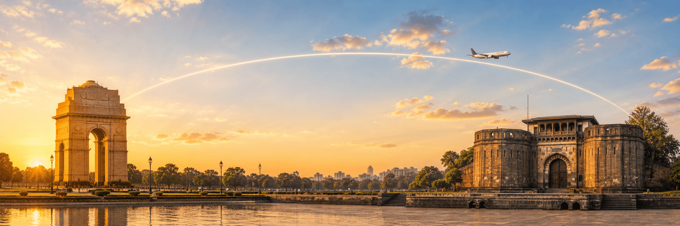 Delhi to Pune travel route hero with a flight path connecting two destinations