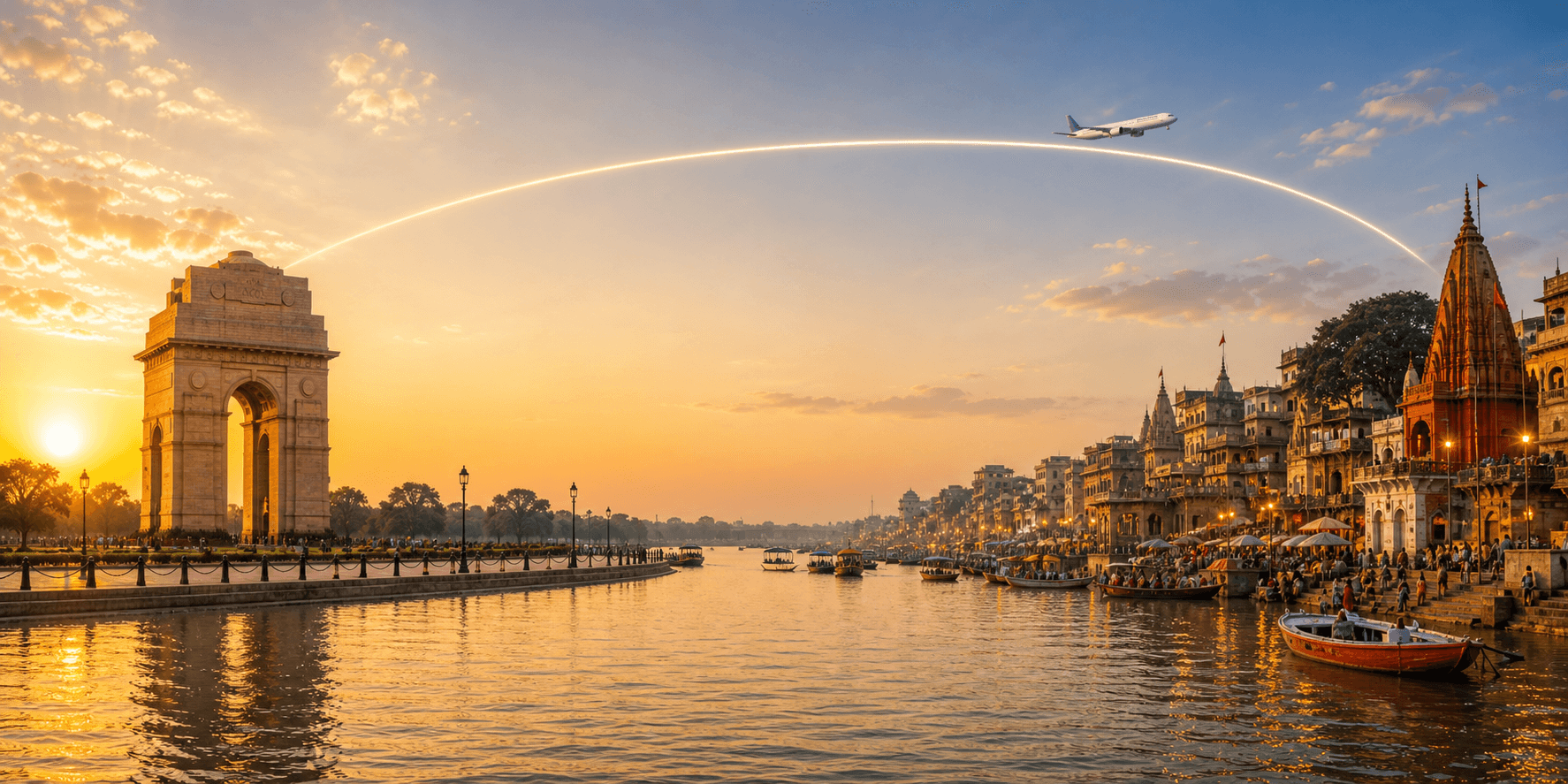 Delhi to Varanasi travel route hero with a flight path connecting two destinations