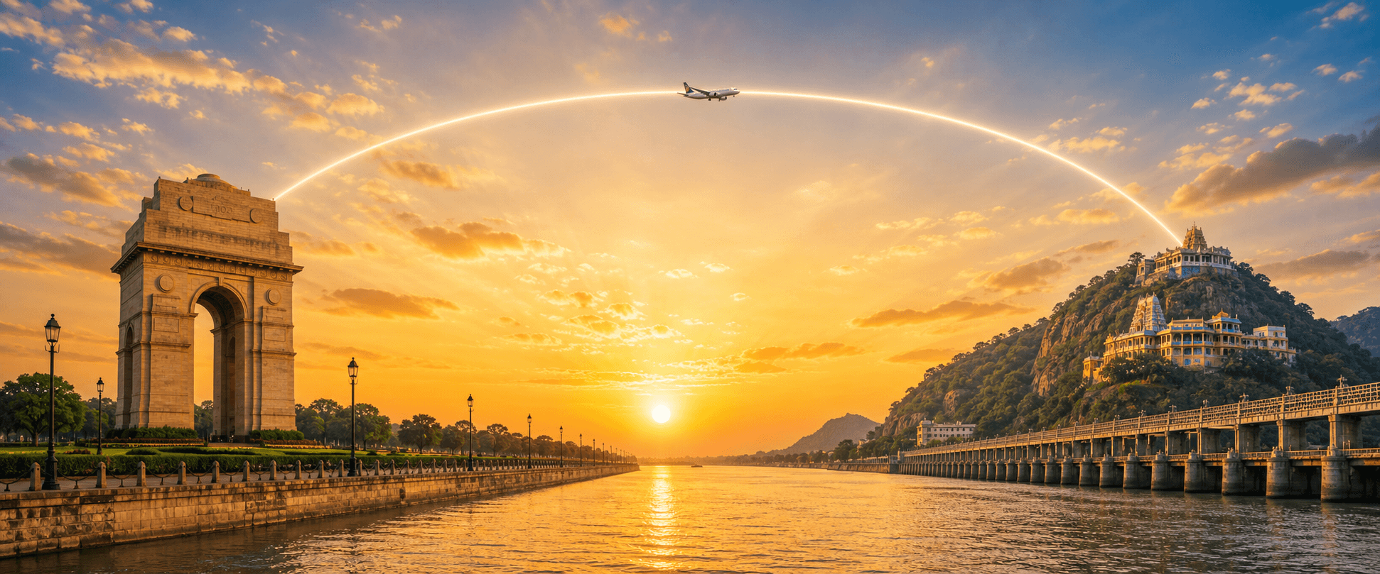 Delhi to Vijayawada travel route hero with a flight path connecting two destinations