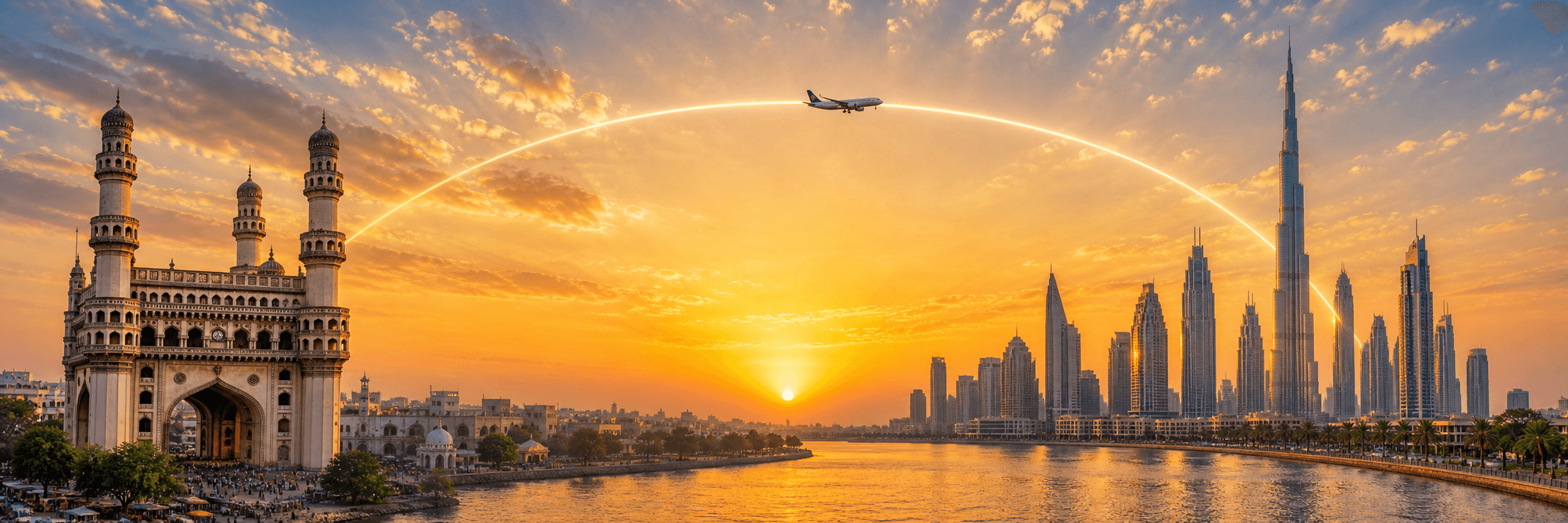 Hyderabad to Dubai travel route hero with a flight path connecting two destinations