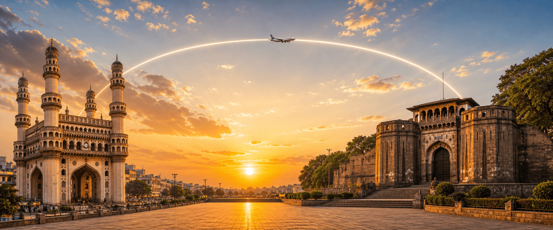 Hyderabad to Pune travel route hero with a flight path connecting two destinations