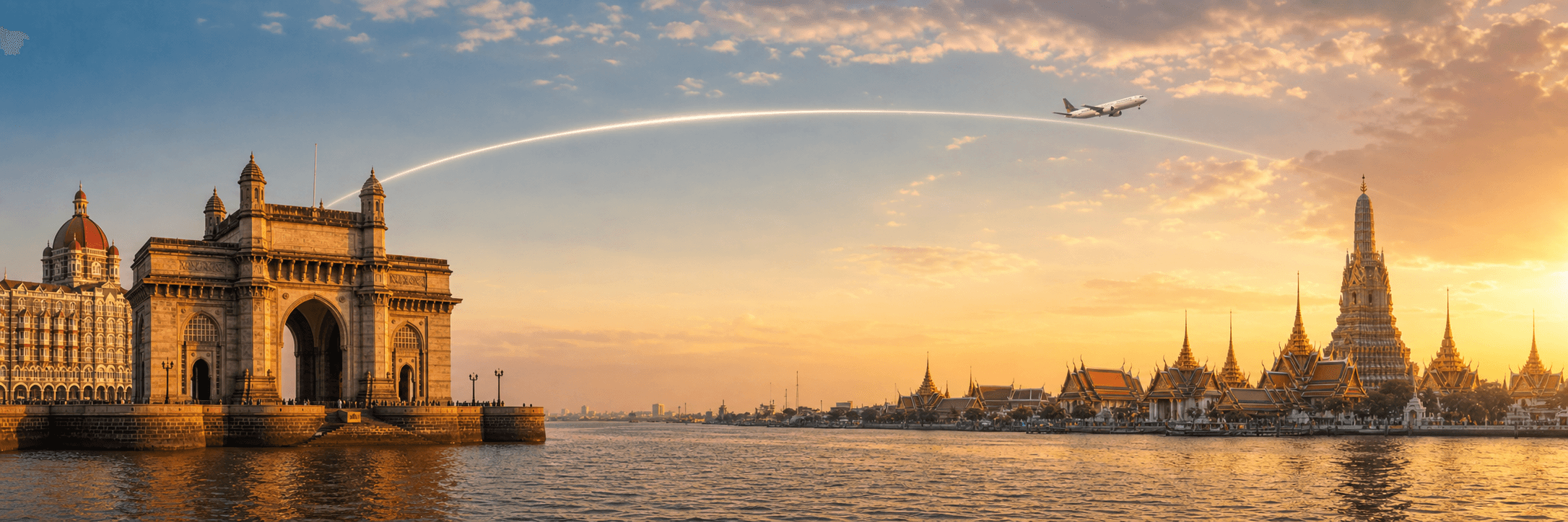 Mumbai to Bangkok travel route hero with a flight path connecting two destinations