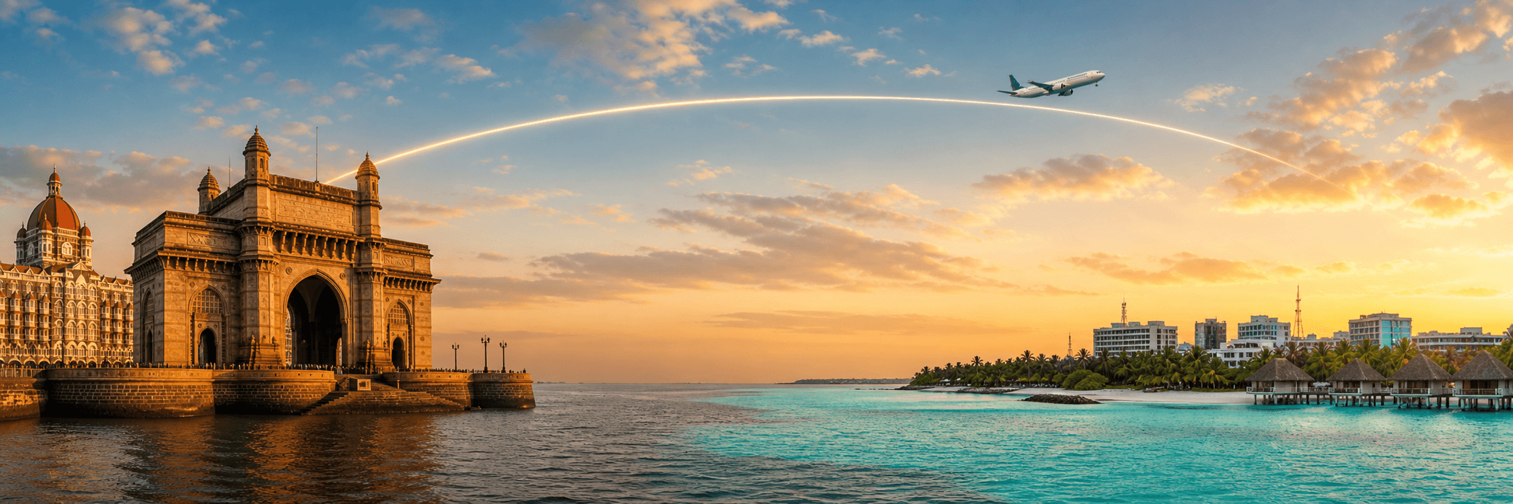 Mumbai to Malé travel route hero with a flight path connecting two destinations