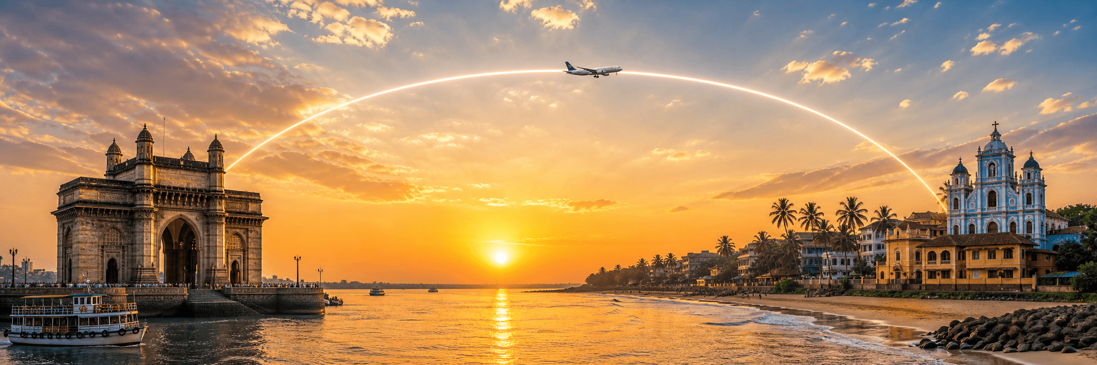 Mumbai to Mangaluru travel route hero with a flight path connecting two destinations