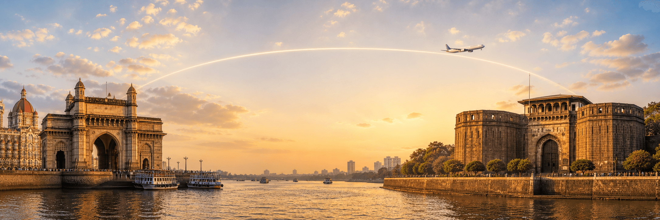Mumbai to Pune travel route hero with a flight path connecting two destinations
