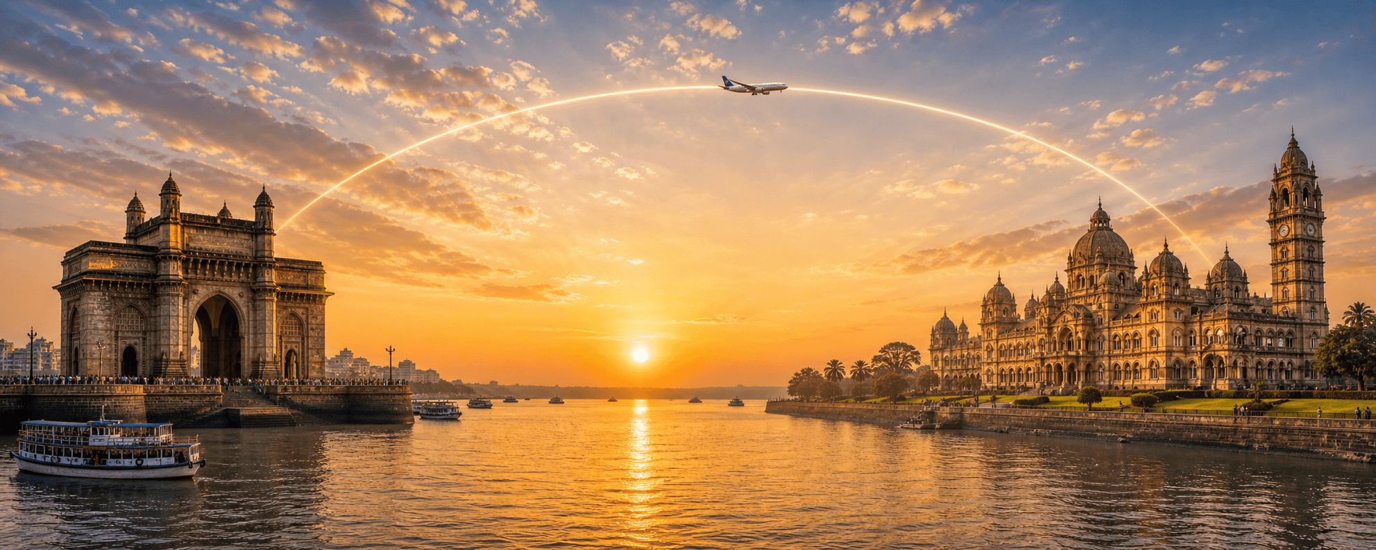 Mumbai to Vadodara travel route hero with a flight path connecting two destinations