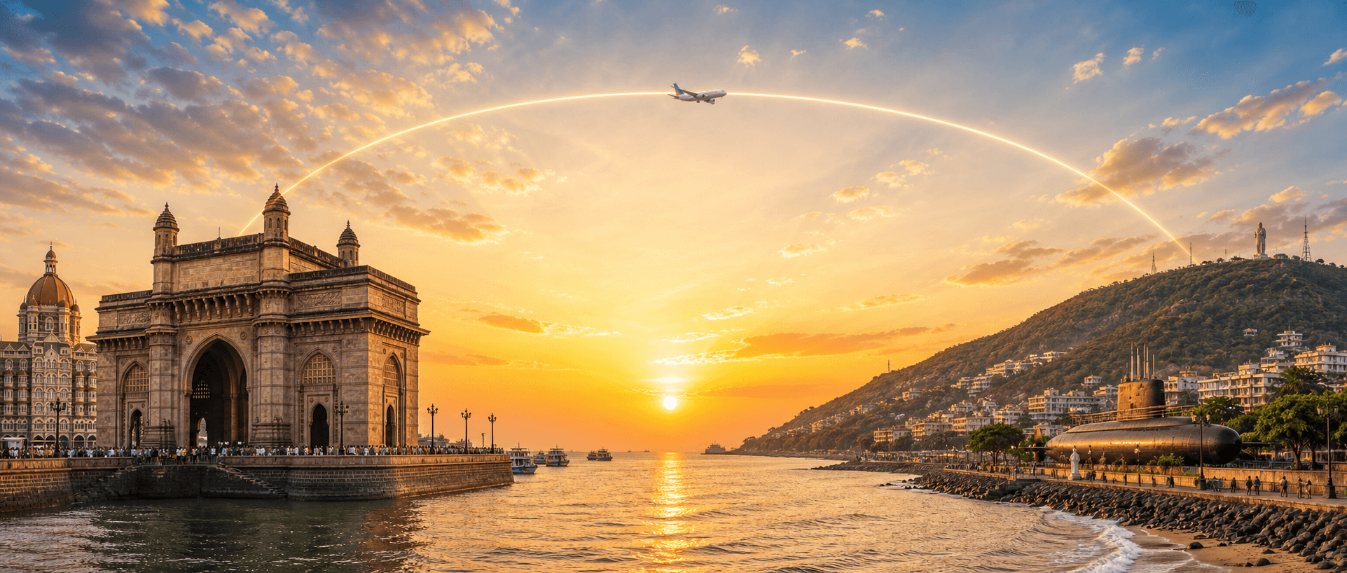 Mumbai to Visakhapatnam travel route hero with a flight path connecting two destinations